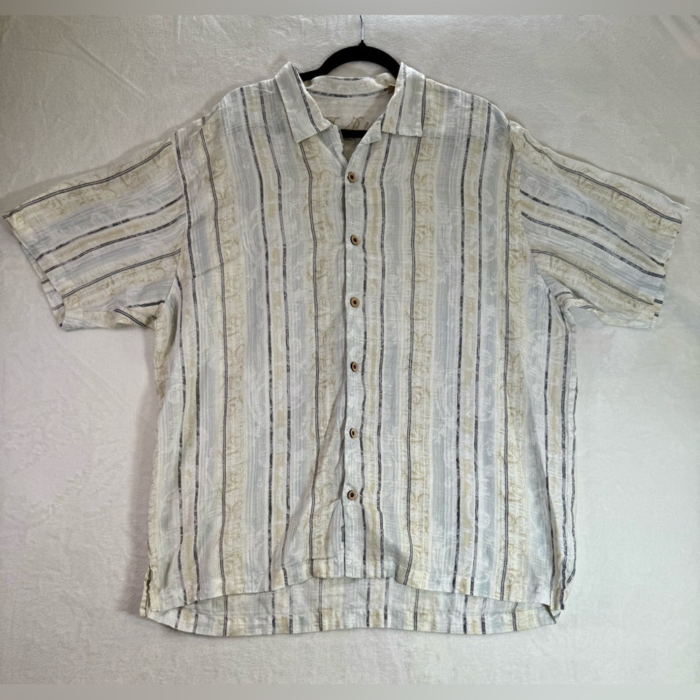 Tommy Bahama Shirt Mens XL White Beige Linen Beachy Preppy Travel Vacation Luau
